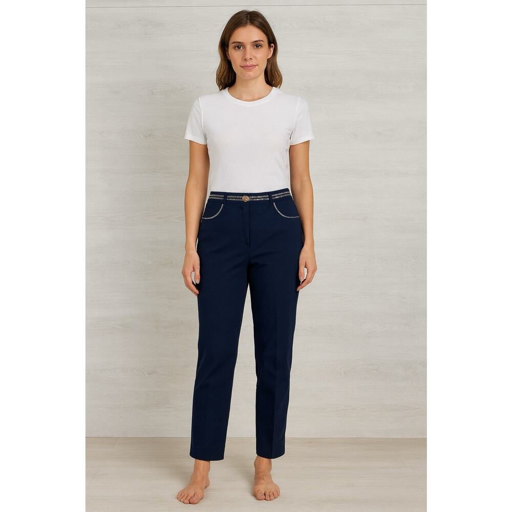 St. John Sport Trouser Dress Pants Women Size 6 Navy Blue Gold Preppy Luxury
